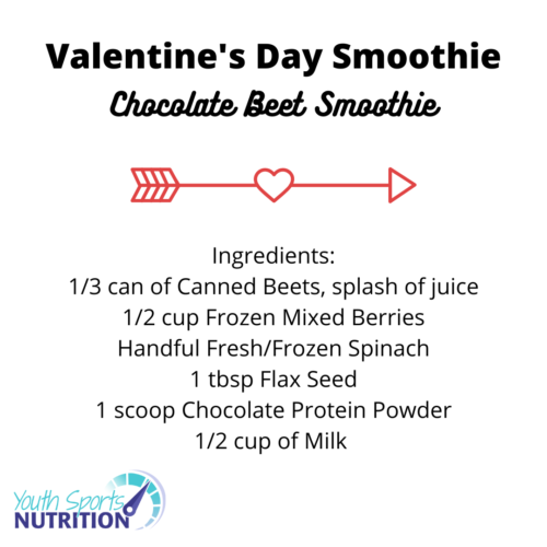 Young Athlete Chocolate Beet smoothie recipe 1/3 can of canned beets, 1/2 cup mixed berries, handful of spinach, 1 tbsp flaxseed, 1 scoop of chocolate protein powder, 1/2 cup of milk, blend